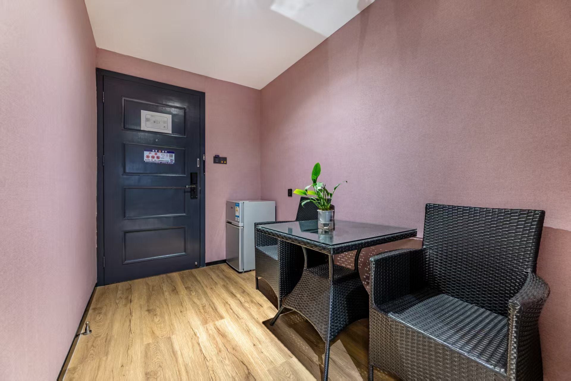 Una habitación pequeña con una puerta oscura, una mesita con una planta y sillas de mimbre.