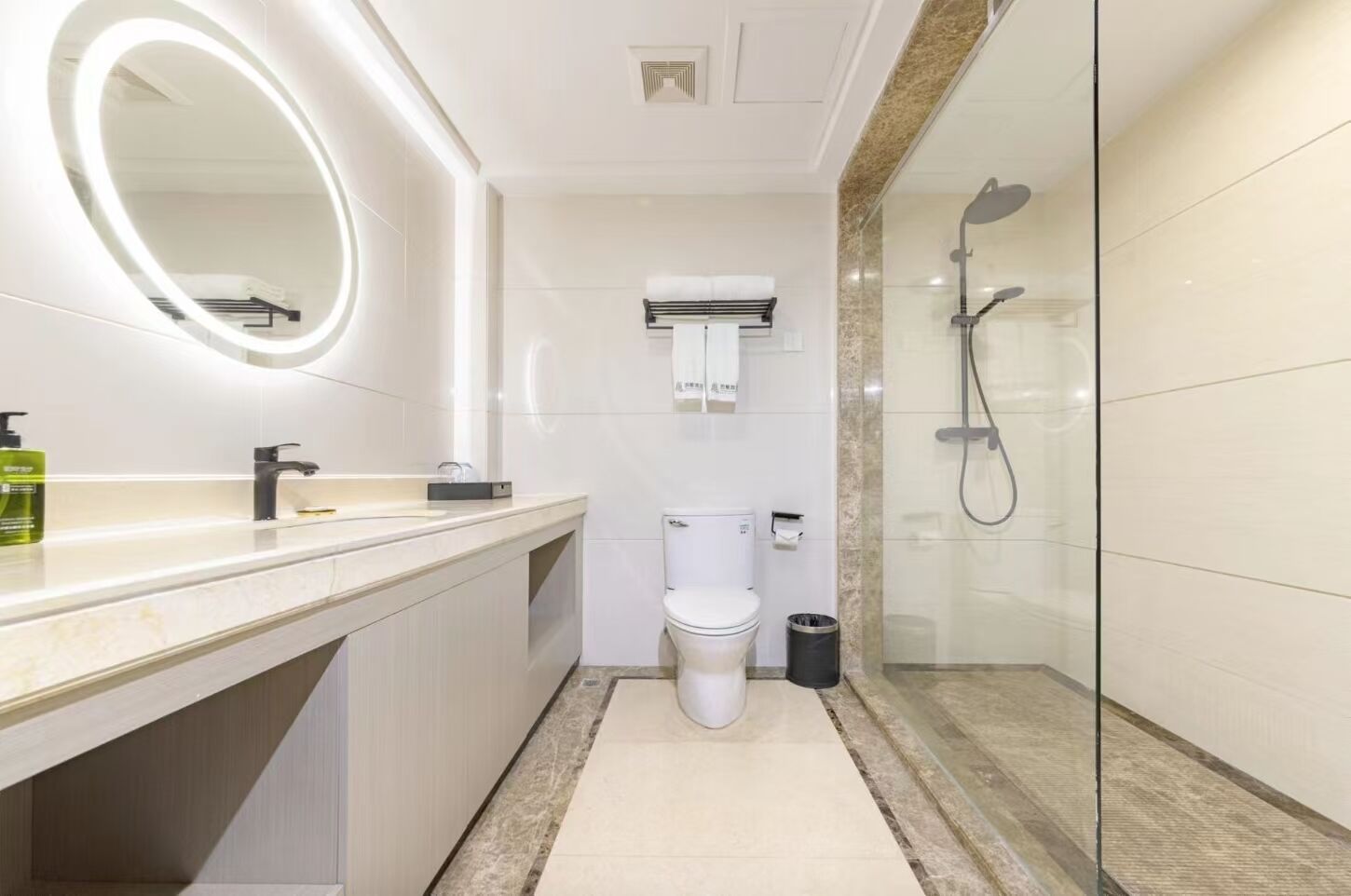 A modern bathroom with a vanity, toilet, and glass-enclosed shower.
