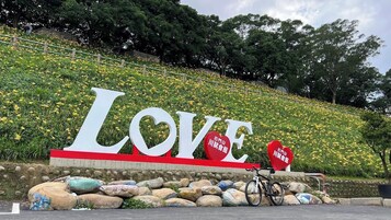 A large 'LOVE' sign with smaller signs below it, a bicycle, and a stone wall with rocks.