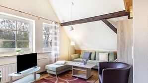 A modern loft bedroom with a large window, a flat-screen TV, a sofa, a coffee table, and a chair. - Apartment 'Für Monteure' with Wi-Fi (Templin)