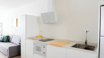 Deluxe Apartment | Private kitchen | Full-size fridge, microwave, cookware/dishes/utensils