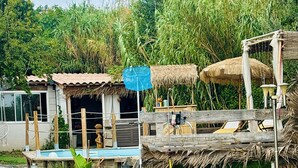 Eine ländliche Außenansicht mit einem Gebäude mit Strohdach, einem Pool und Liegestühlen.