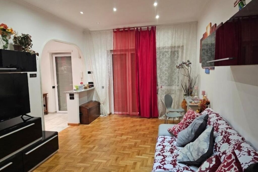 A living room with a sofa, TV, and a dining area with a table and chairs.