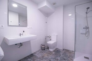 Douche, sèche-cheveux, serviettes fournies, savon