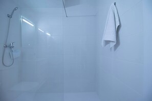 Dusche, Haartrockner, Handtücher, Shampoo