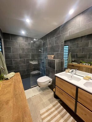 Shower, hair dryer, towels, soap