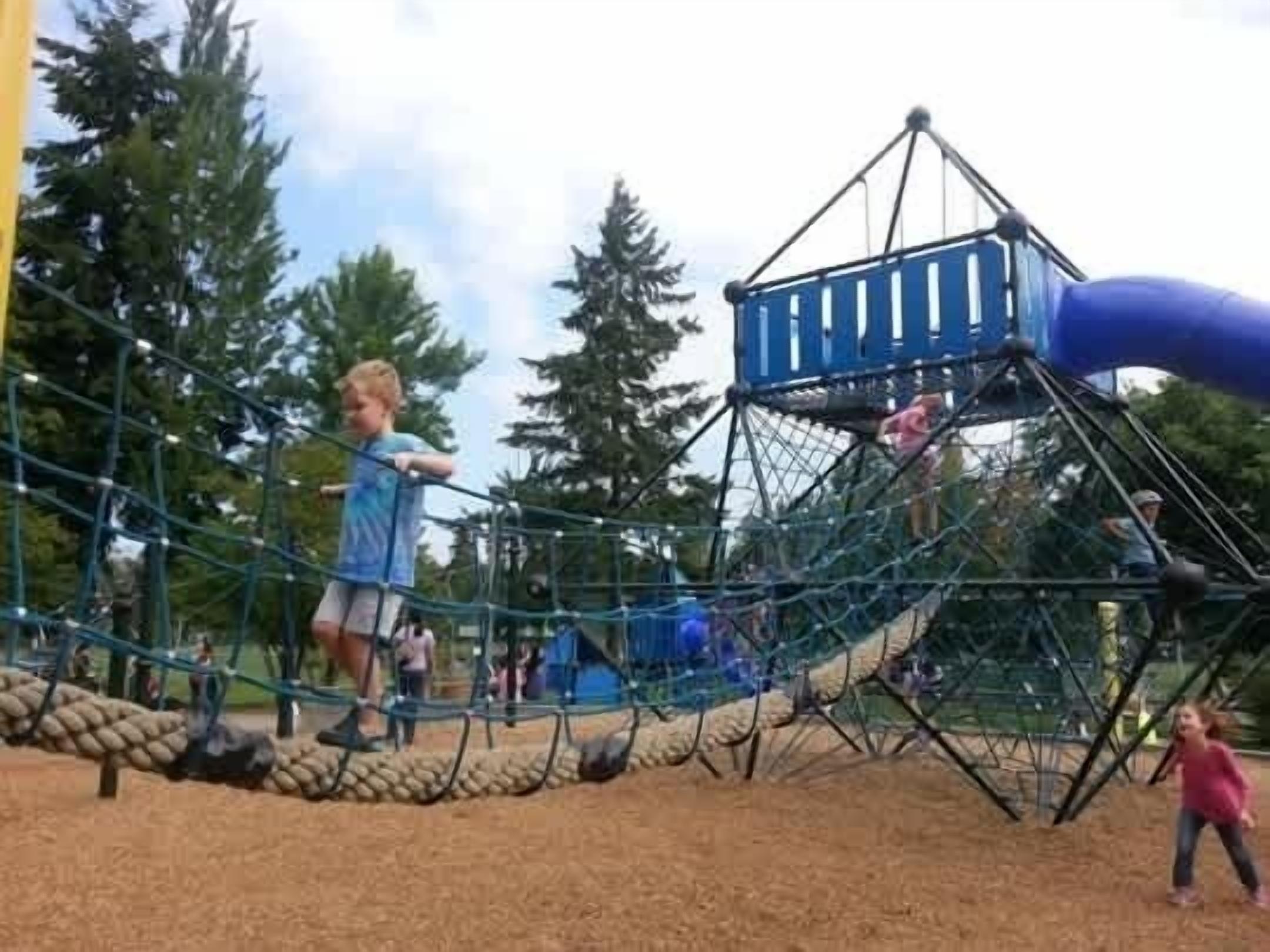 A playground with a rope bridge, climbing net, and a slide.
