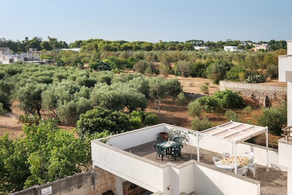 A rooftop terrace with a table and chairs, overlooking a landscape with olive trees and buildings.