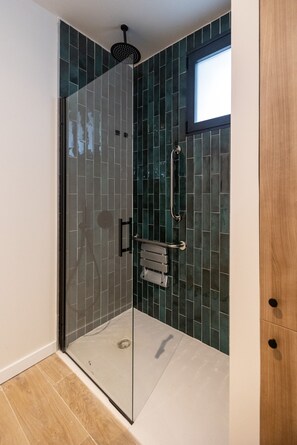 Shower, hair dryer, towels