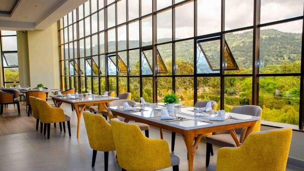 Comedor con mesas dispuestas para cuatro, sillas amarillas y ventanas amplias con vista a un paisaje verde.