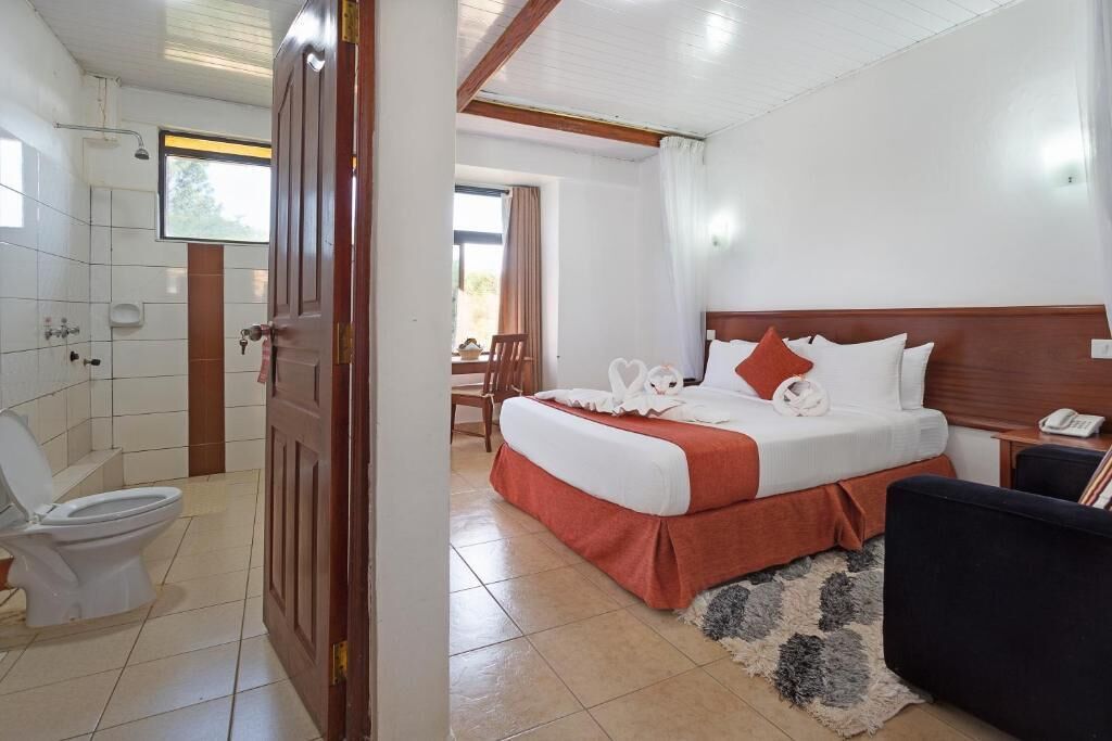 A hotel room with a bed, a desk, a chair, a telephone, and a bathroom with a toilet and shower.