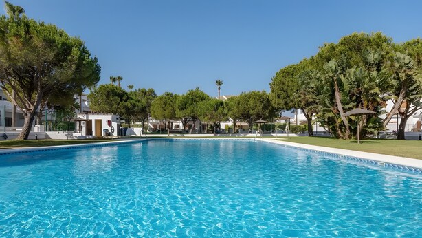 A clear blue swimming pool surrounded by trees and buildings.