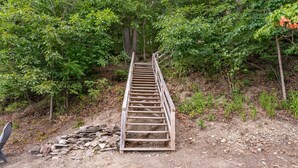 Un escalier en bois menant vers le haut, entouré d’un feuillage vert et luxuriant.