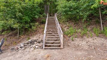 Un escalier en bois menant vers le haut, entouré d’un feuillage vert et luxuriant.