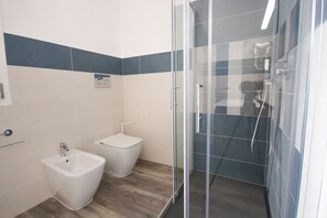 Shower, hair dryer, bidet, towels