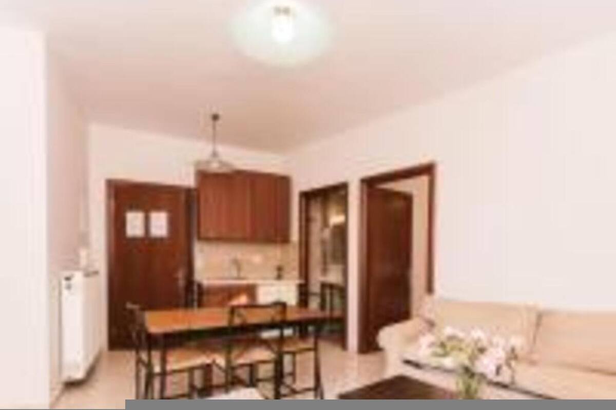 A compact living space with a dining area, kitchenette, and a sofa.