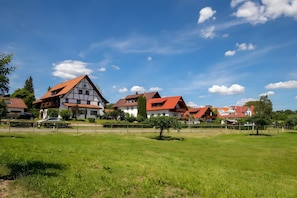 Une rangée de maisons traditionnelles aux toits rouges et aux murs blancs, nichées dans un champ verdoyant.