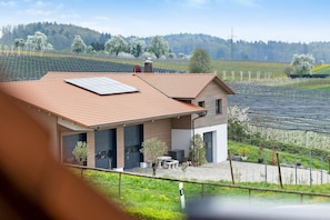 A house with a red-tiled roof, a garage, a patio with outdoor furniture, and a vineyard in the background.