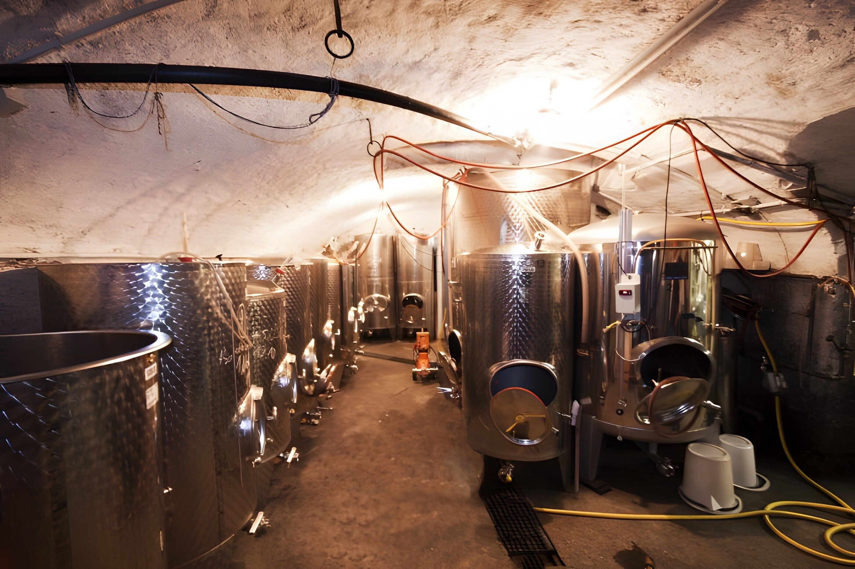 A dimly lit, industrial interior with stainless steel tanks and equipment, suggesting a brewery or fermentation facility.