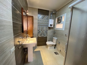 Regadera, toallas, jabón, papel de baño