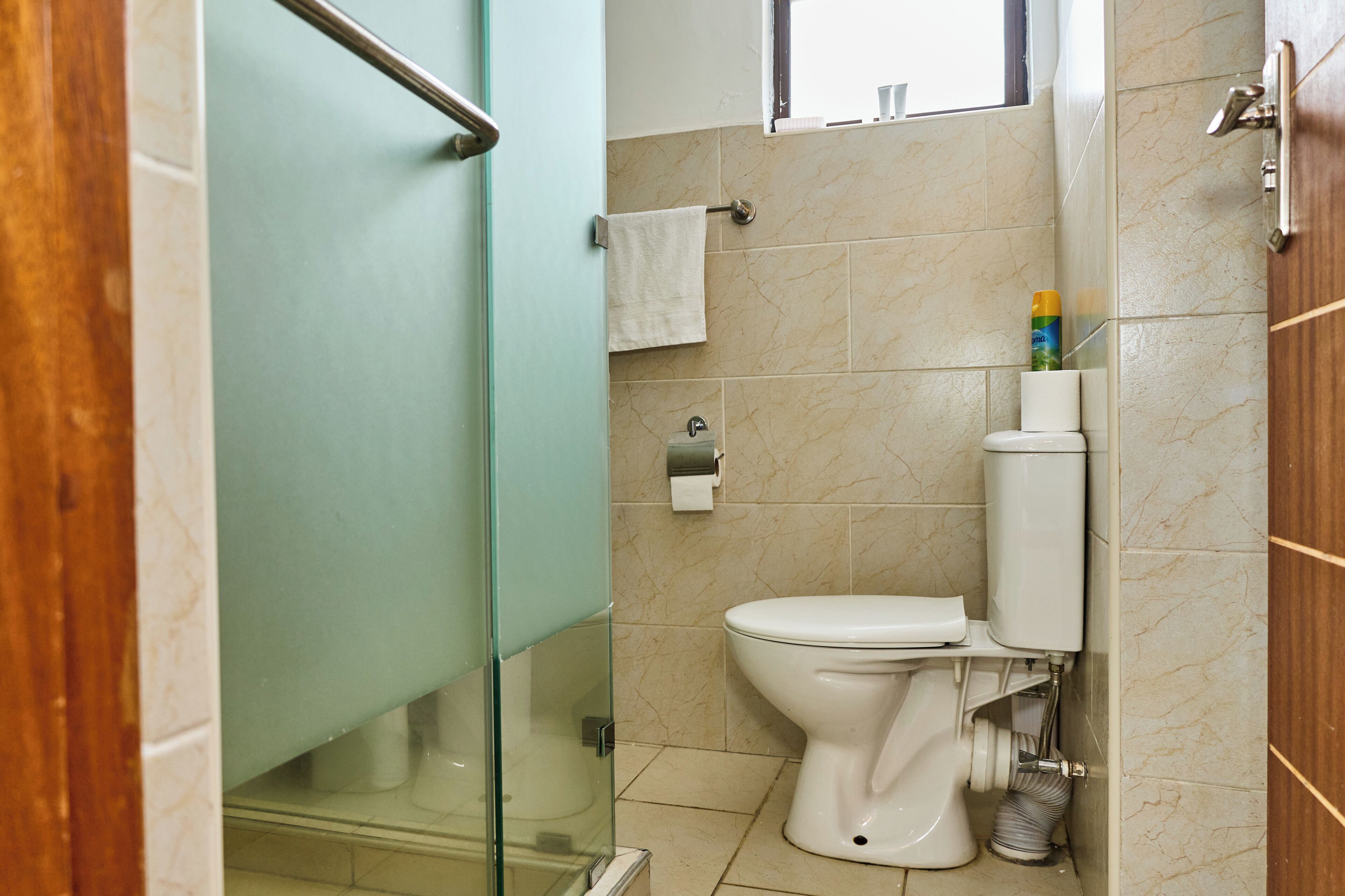 Een badkamer met toilet, douchecabine van glas, een handdoekrek en een toiletrolhouder.