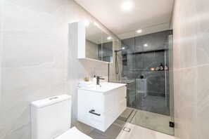 Shower, hair dryer, towels