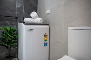 Shower, hair dryer, towels