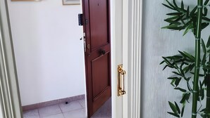 Un couloir avec une porte en bois, un tableau encadré accroché au mur et une grande plante verte dans un pot.