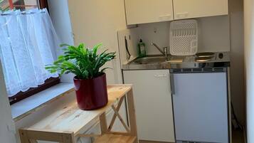 Kühlschrank, Mikrowelle, Herdplatte, Wasserkocher mit Kaffee-/Teezubehör