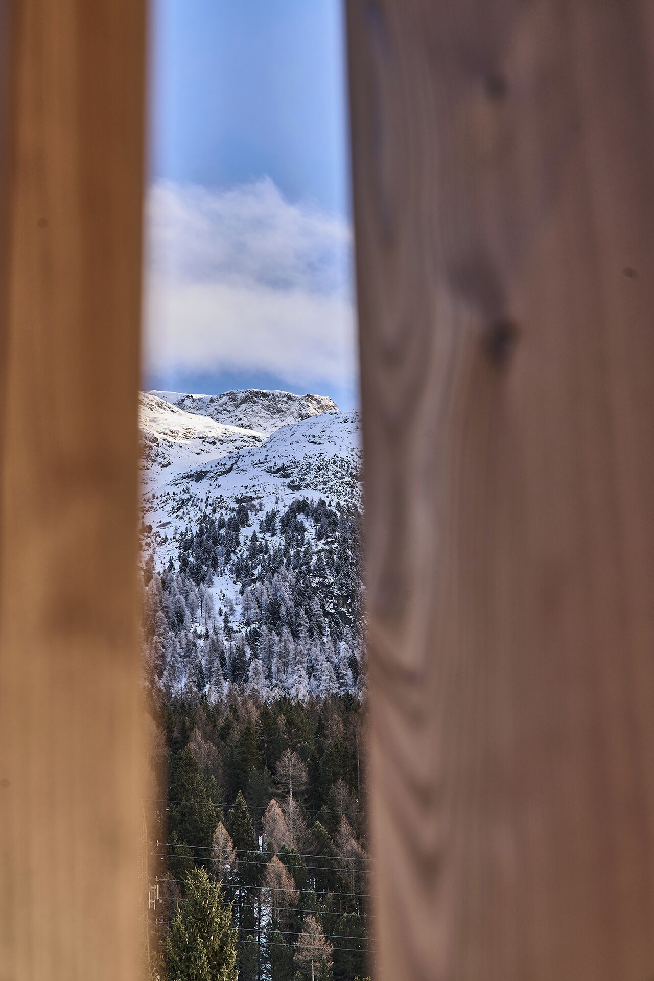 Vista a través de un marco de madera de un paisaje montañoso cubierto de nieve y árboles.