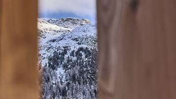 Vista a través de un marco de madera de un paisaje montañoso cubierto de nieve y árboles.