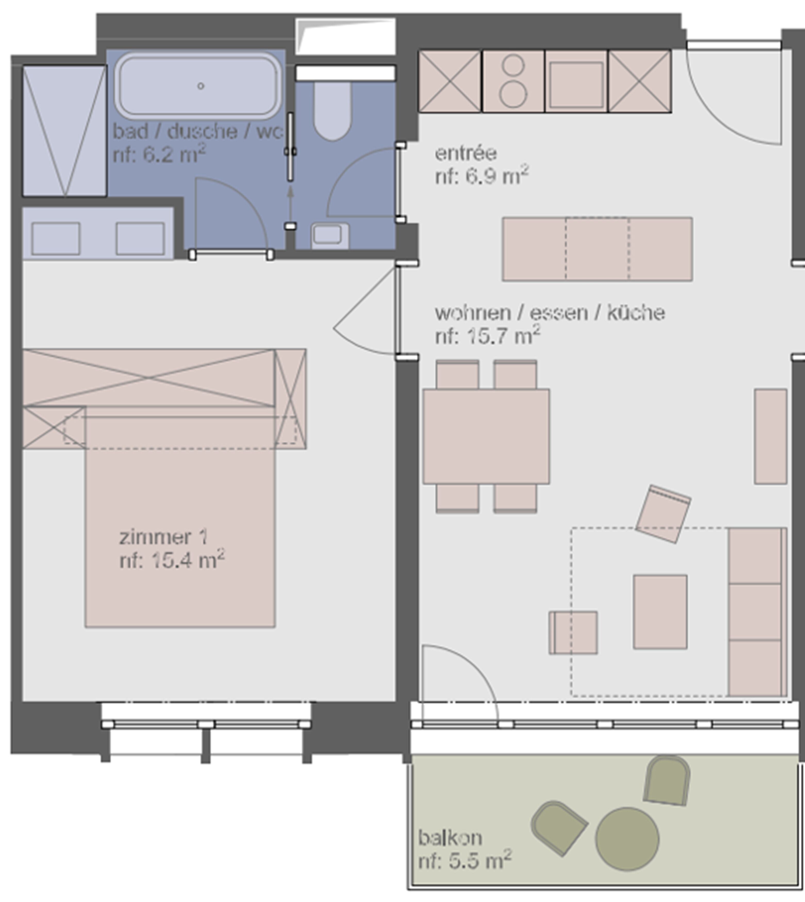 Un plan d’étage comprenant une salle de bain (6,2 m²), un hall d’entrée (6,9 m²), un espace de vie/salle à manger (15,7 m²), une chambre (15,4 m²) et un balcon (5,5 m²).