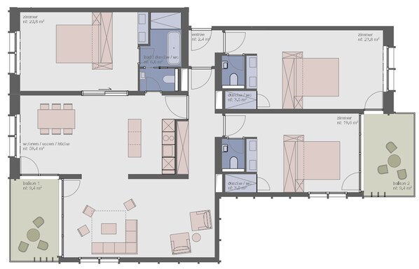A floor plan with multiple rooms, including a kitchen, two bathrooms, a living area, and two balconies. - The View (St. Moritz)