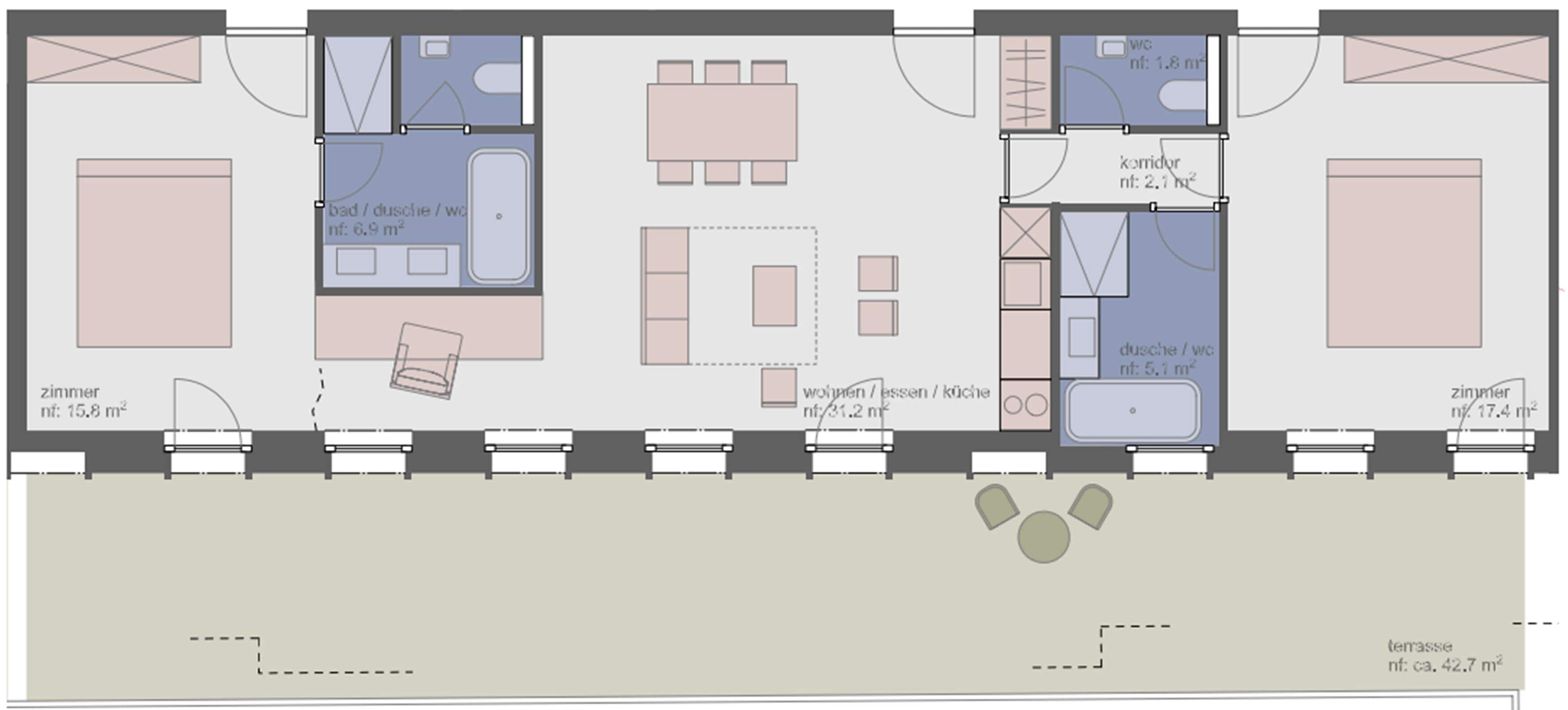 Plano de planta de un hotel que muestra una sala de estar, cocina, comedor y dos dormitorios.