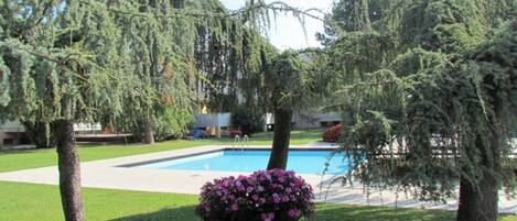 A swimming pool surrounded by lush greenery and a large flower pot.