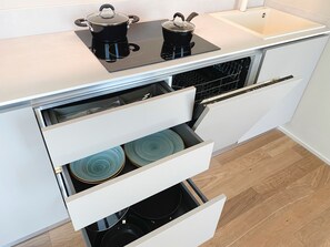 Kühlschrank, Mikrowelle, Herdplatte, Geschirrspüler