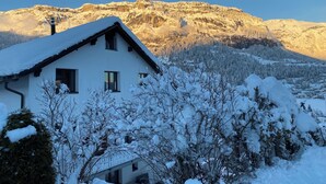 Een wit huis met een schuin dak en schoorsteen, omringd door met sneeuw bedekte bomen en een berg op de achtergrond.