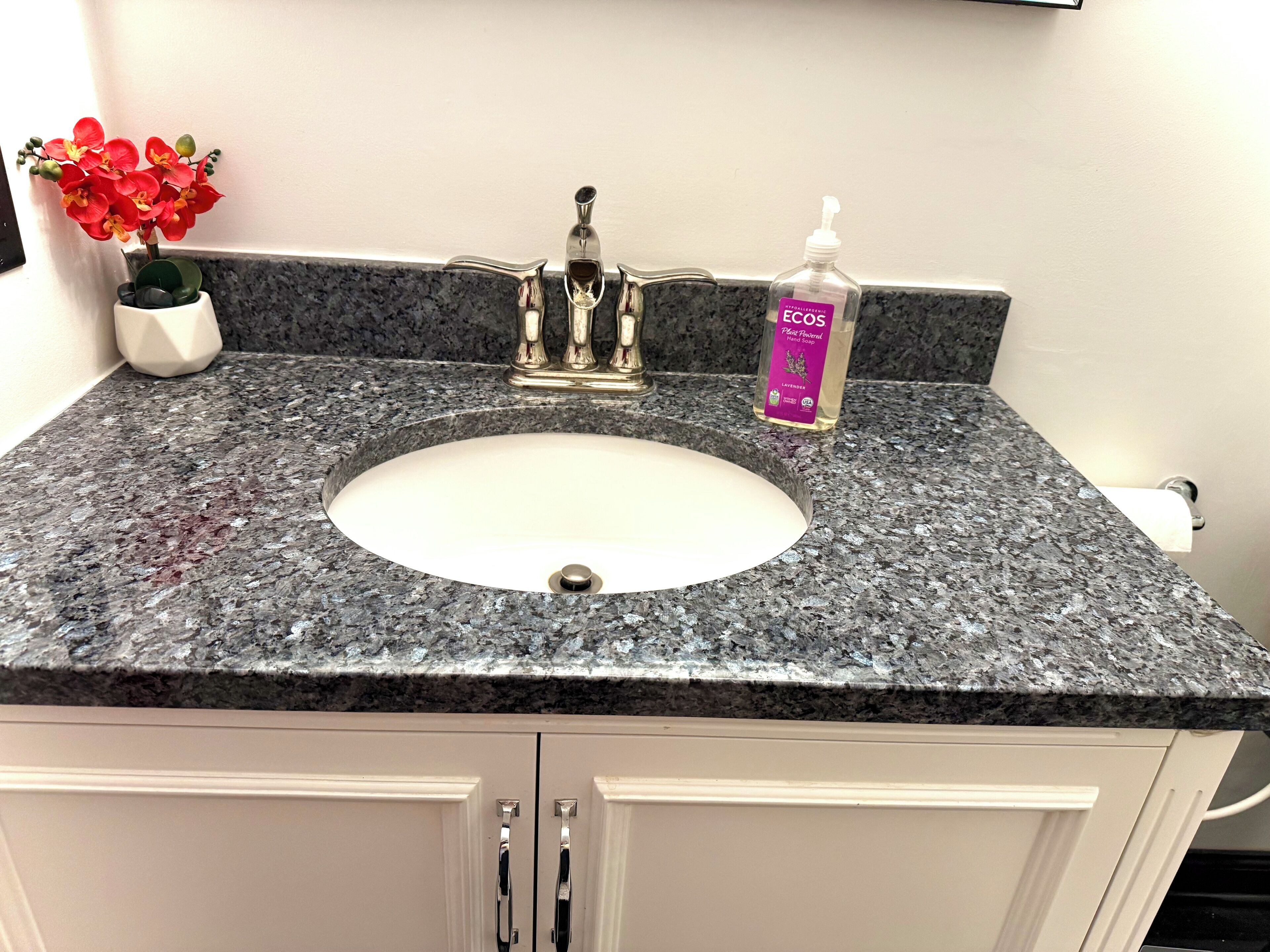 A bathroom sink with a granite countertop, a potted red orchid, and a bottle of ELCOS hand soap.