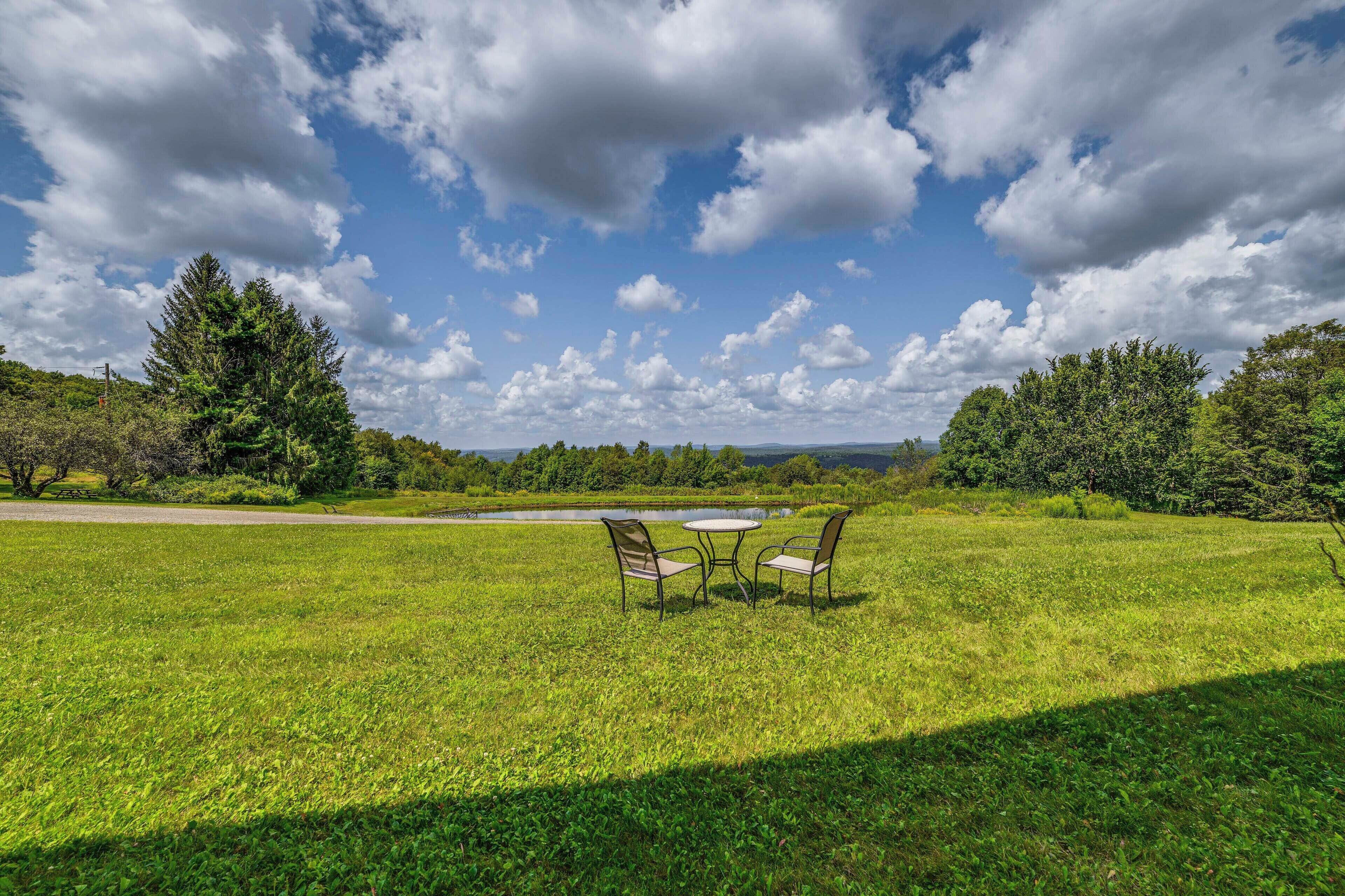 A grassy field with a picnic table and chairs, surrounded by trees and a clear sky.