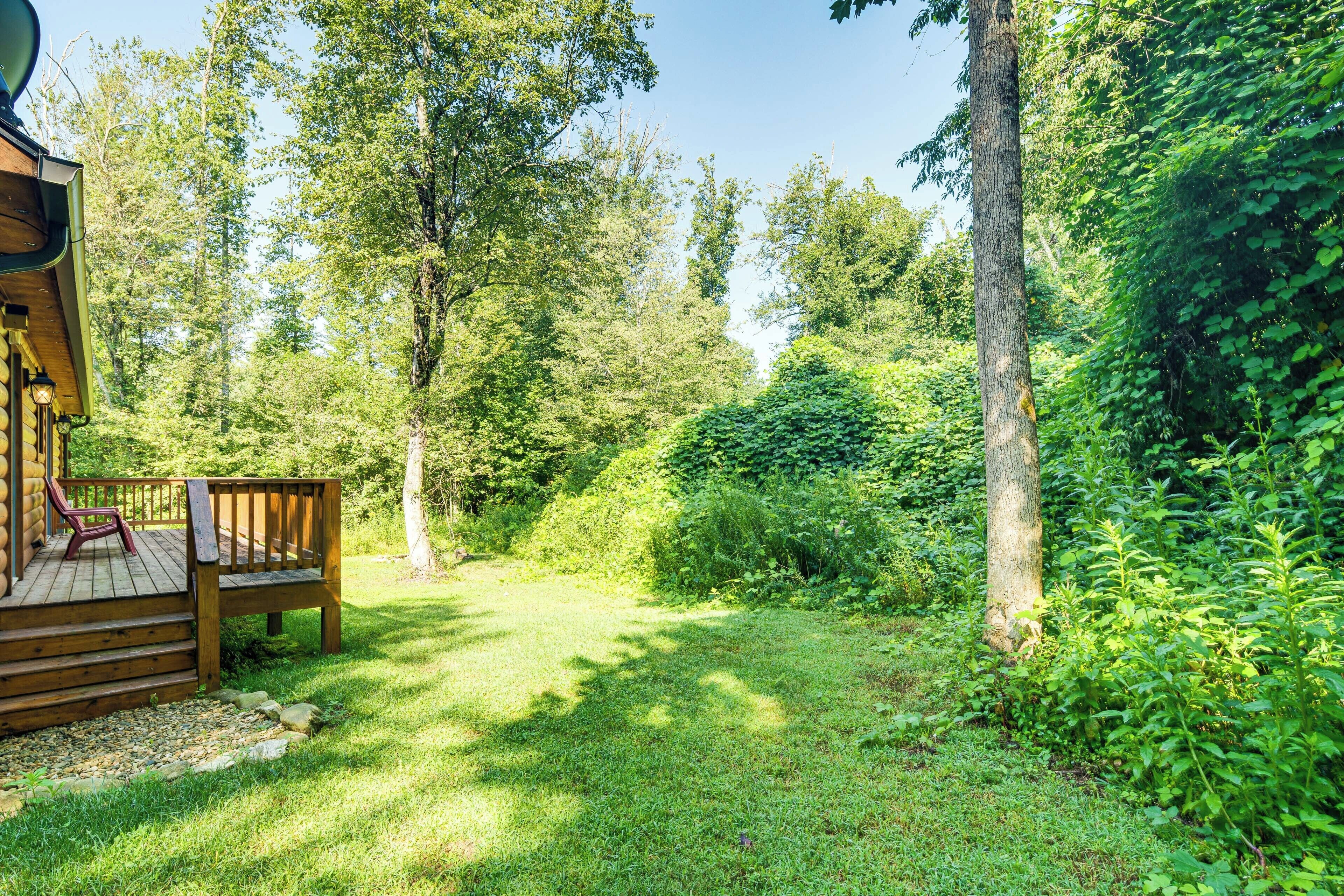 A wooden deck with a red chair, surrounded by lush greenery and trees.