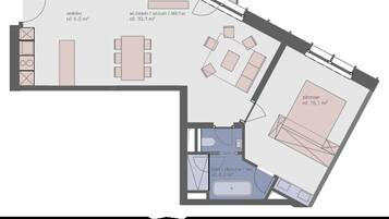 Suite, 2 habitaciones | Caja de seguridad en la habitación y escritorio