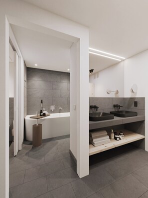 Separate tub and shower, hair dryer, towels