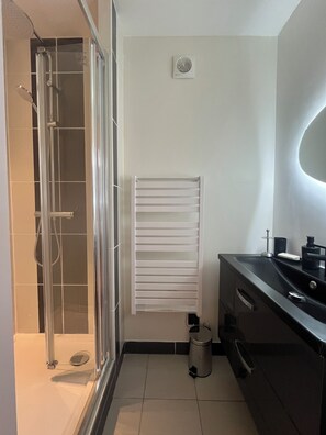 Shower, hair dryer, towels, toilet paper