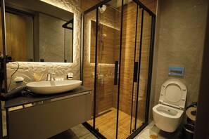Shower, hair dryer, bidet, towels