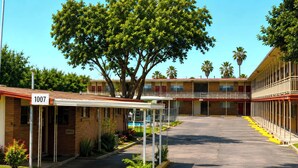 Un motel con área de estacionamiento techada, un árbol grande y una piscina.