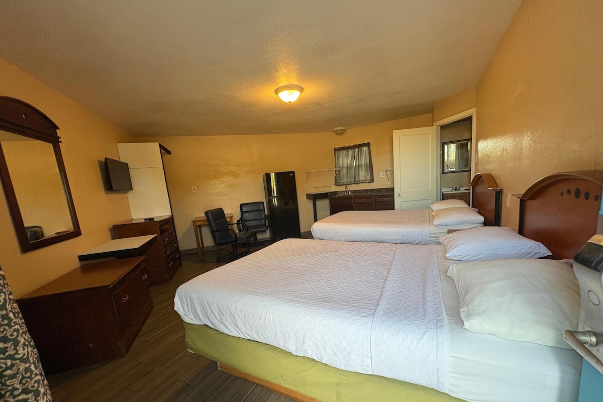 Une chambre d’hôtel avec deux lits, un bureau, une chaise, un réfrigérateur, un miroir et une télévision.