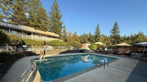 A pool area with lounge chairs and umbrellas, surrounded by trees and a motel building. - Columbia Inn Motel CA 49 (Columbia)