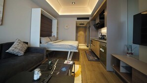 A compact living space with a bed, sofa, kitchenette, and a TV.