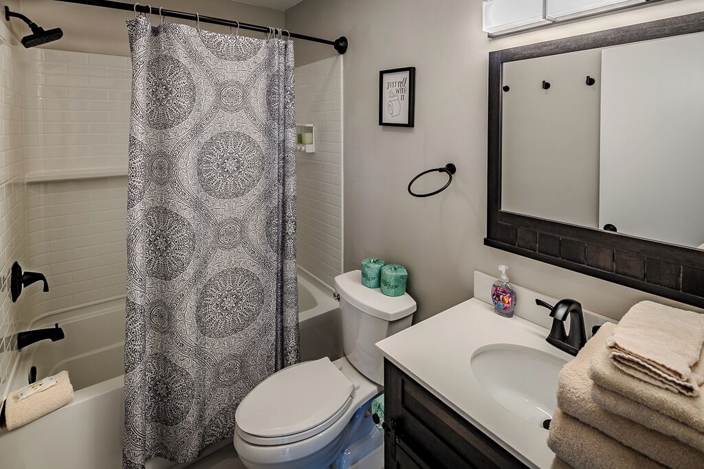 Une salle de bain avec un rideau de douche, des toilettes, un lavabo et un miroir.