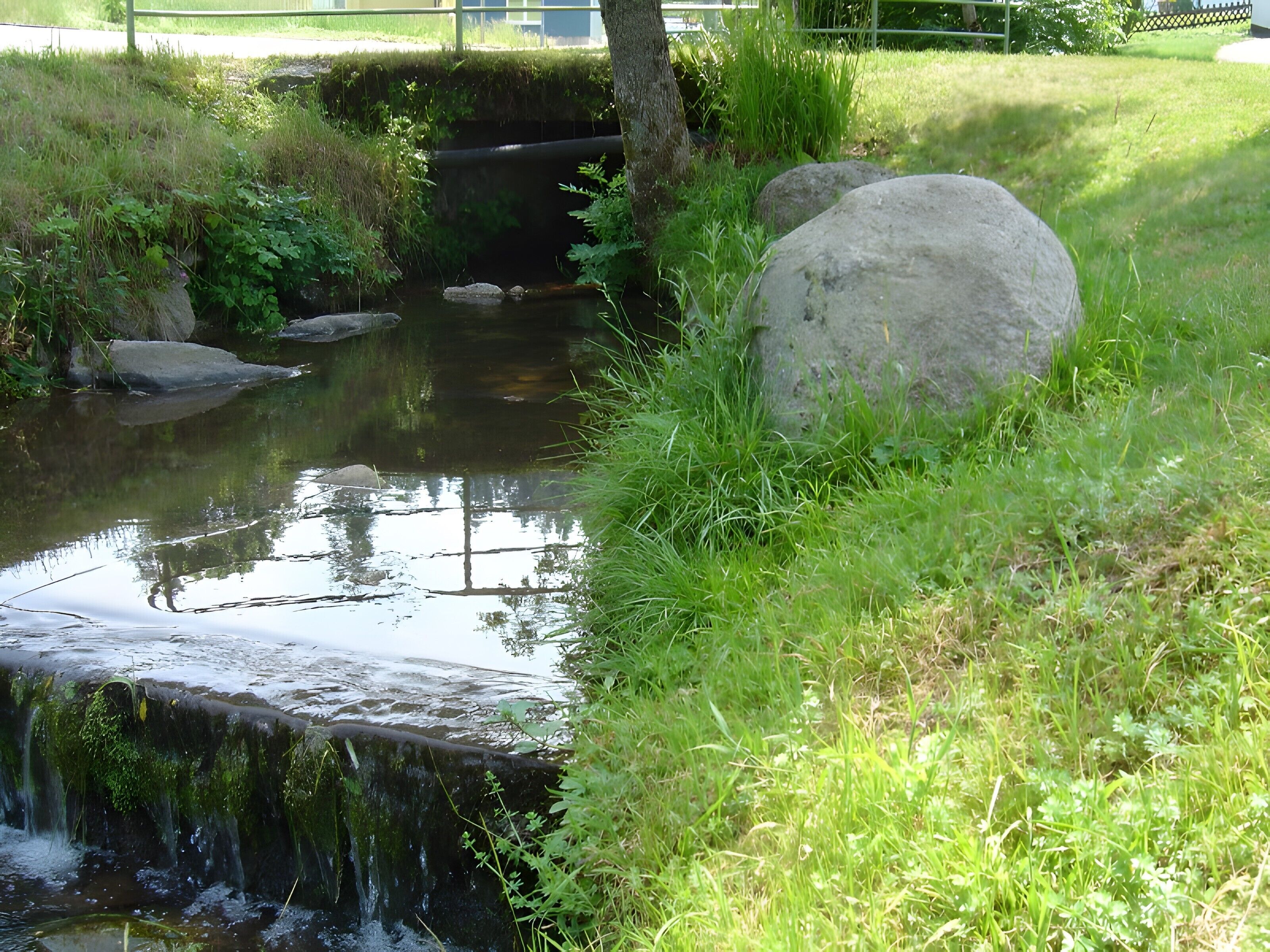 Un pequeño arroyo con rocas, follaje y un área verde, además de un puente.